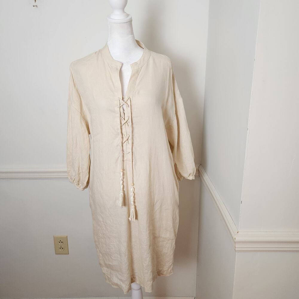 Magaschoni Shirt Dress Sz Medium Womens 100 Linen Beige Laceup Boho Beach Pocket